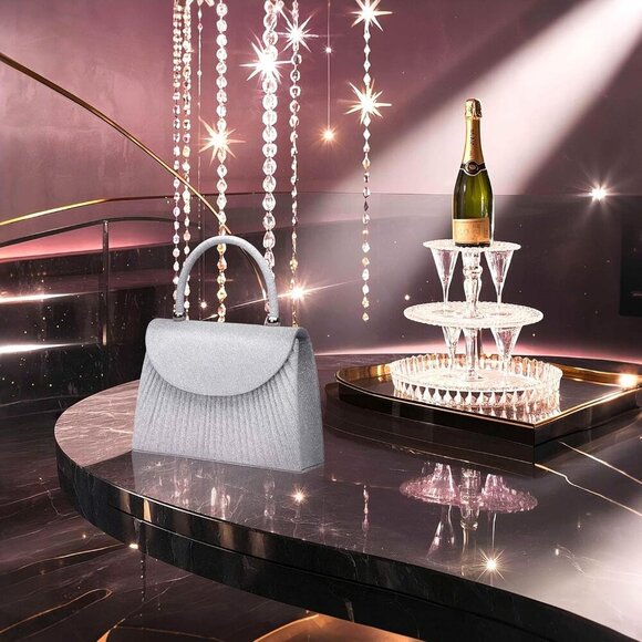 🆕Women’s Silver Glitter Top Handle Evening Handbag w/Chain Crossbody Purse - Picture 7 of 7